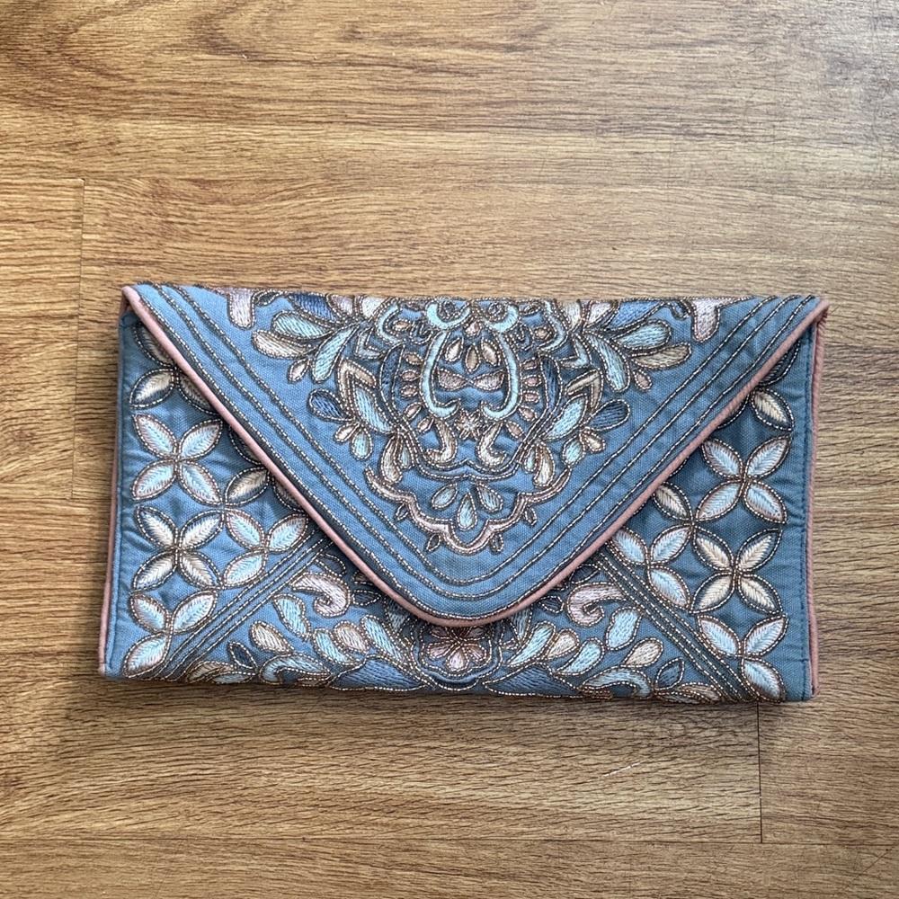 Elegant Blue and Gold Embroidered Clutch